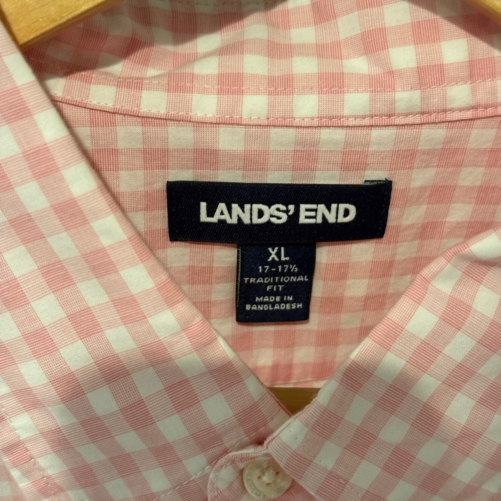 Lands' End Men's Pink and White Plaid Shirt